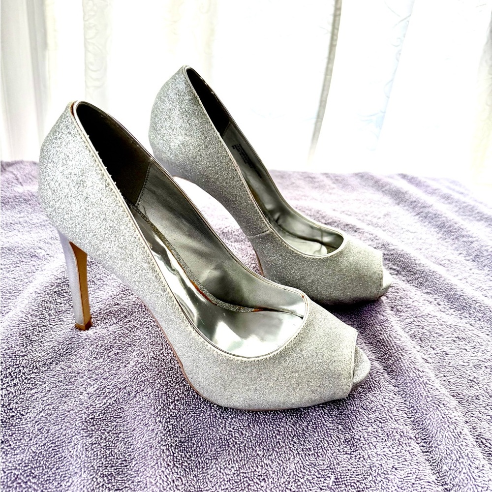 RSVP Shimmering Silver Peep-Toe Heels